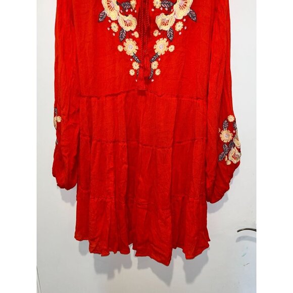 Free People Spell On You Poppy Red Floral Embroidered Peasant Dress Small Boho B - Picture 4 of 9